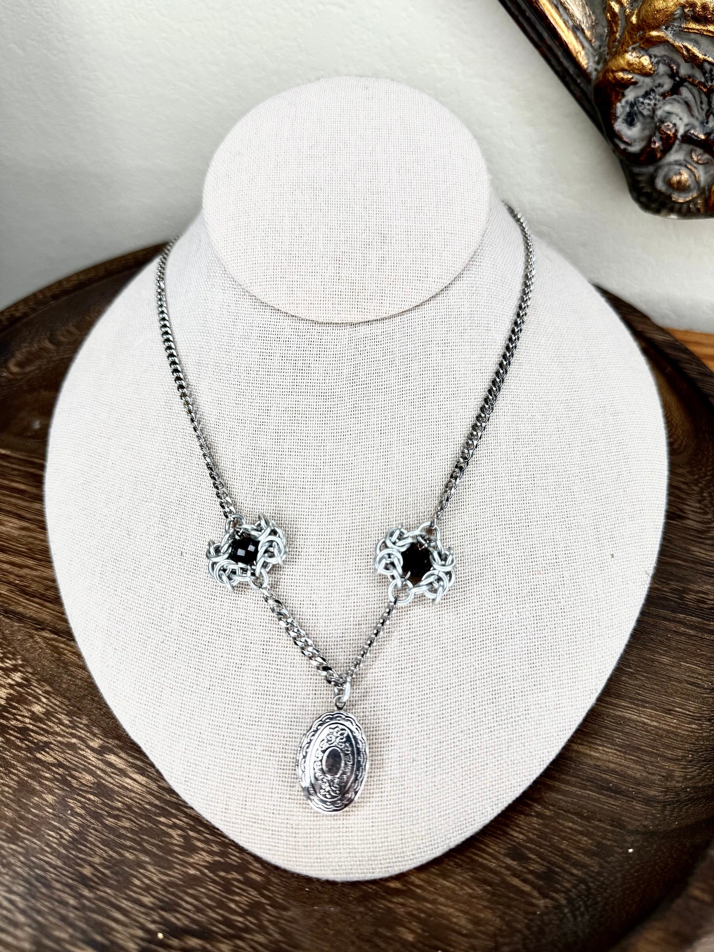 OOAK Oval Locket Chainmail Necklace Black