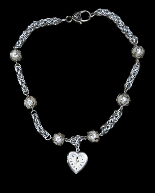 OOAK Clock Heart Locket Chainmail Necklace