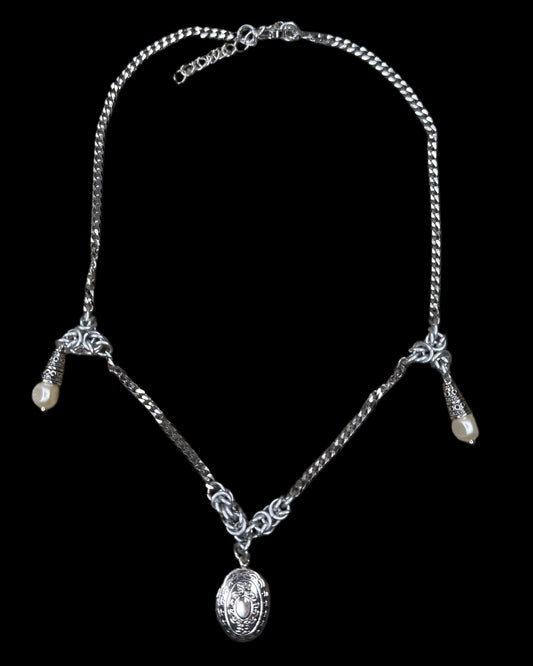 OOAK Oval Locket Chainmail Necklace Pearl