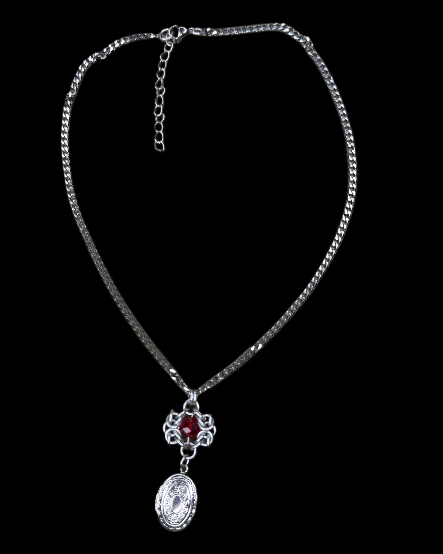 OOAK Oval Locket Chainmail Necklace Red