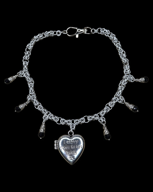OOAK ‘I carry your heart with me” Locket Chainmail Necklace Black