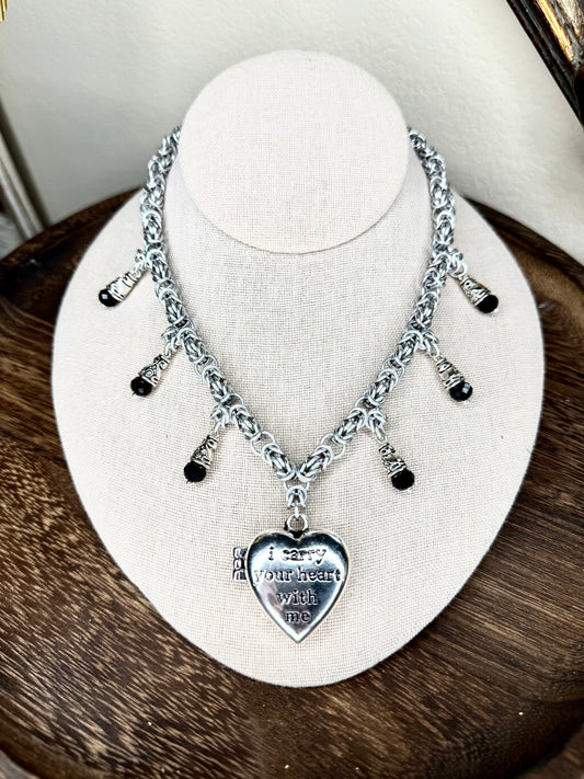 OOAK ‘I carry your heart with me” Locket Chainmail Necklace Black