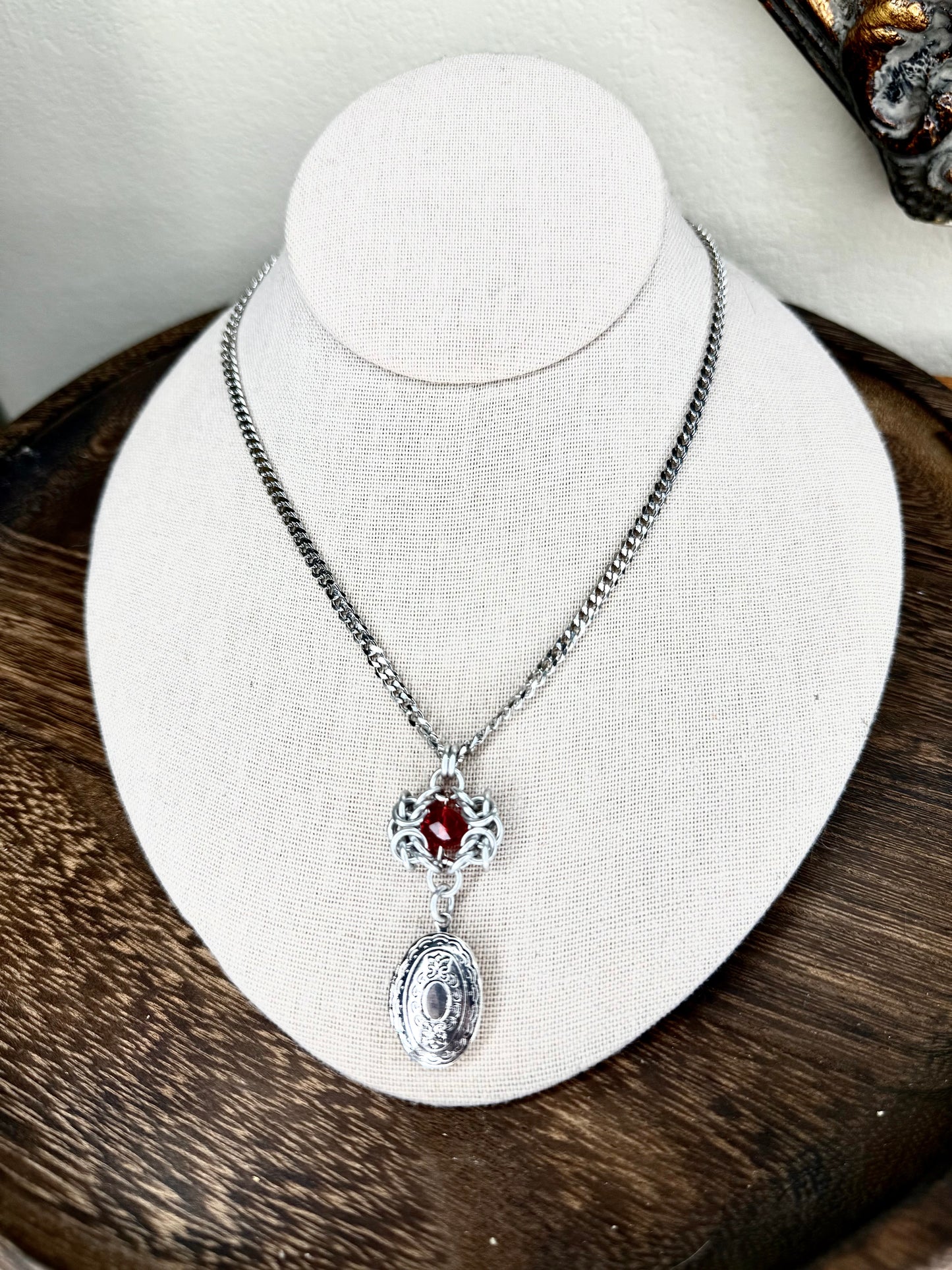 OOAK Oval Locket Chainmail Necklace Red