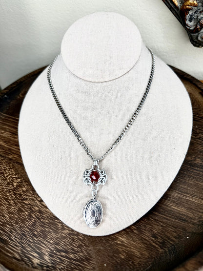 OOAK Oval Locket Chainmail Necklace Red