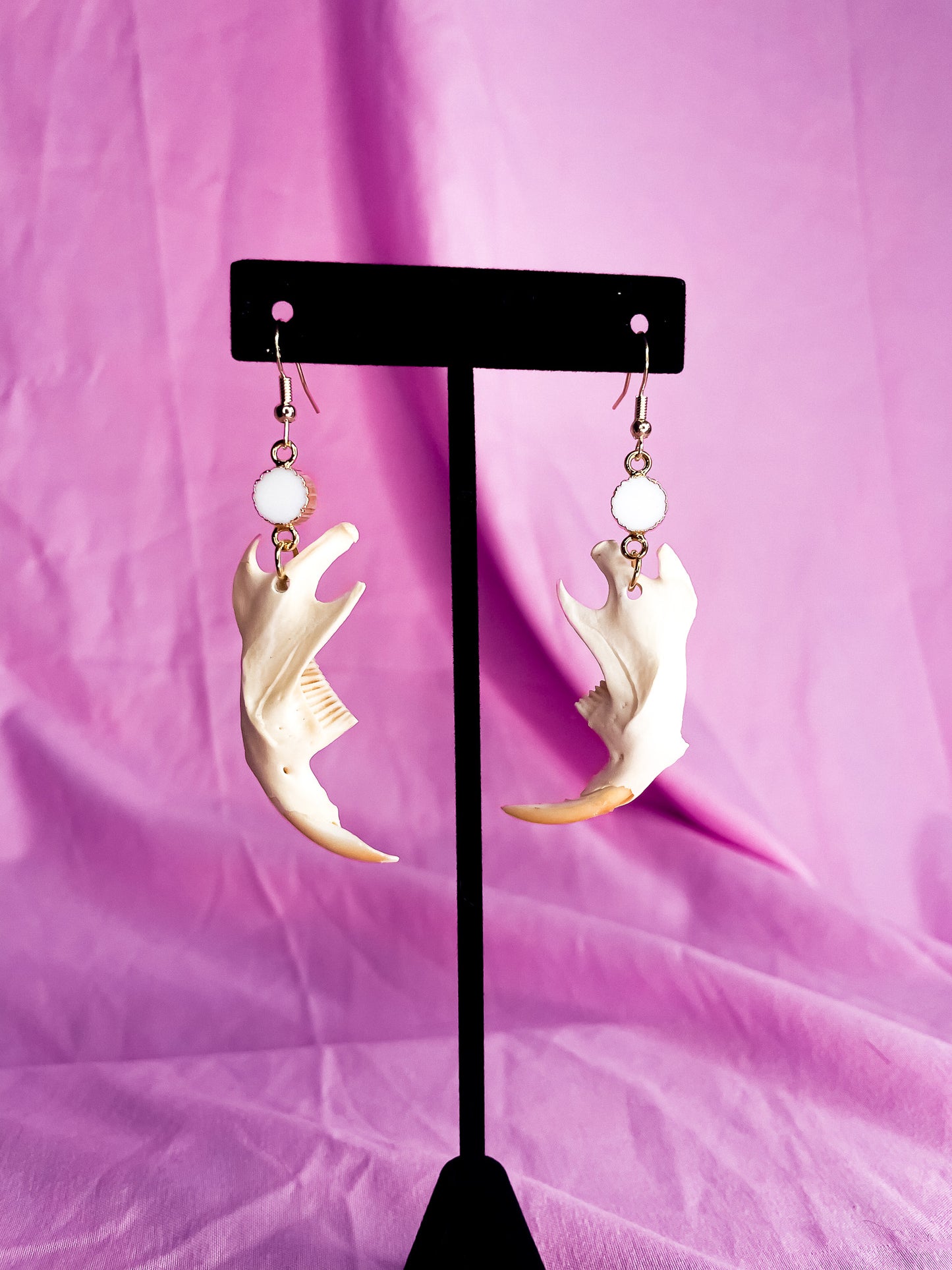 Muskrat Mandible and white jade crystal connectors gold earrings