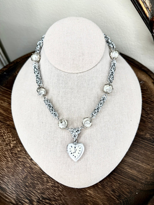OOAK Clock Heart Locket Chainmail Necklace