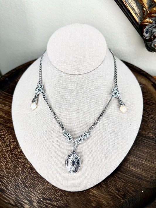 OOAK Oval Locket Chainmail Necklace Pearl