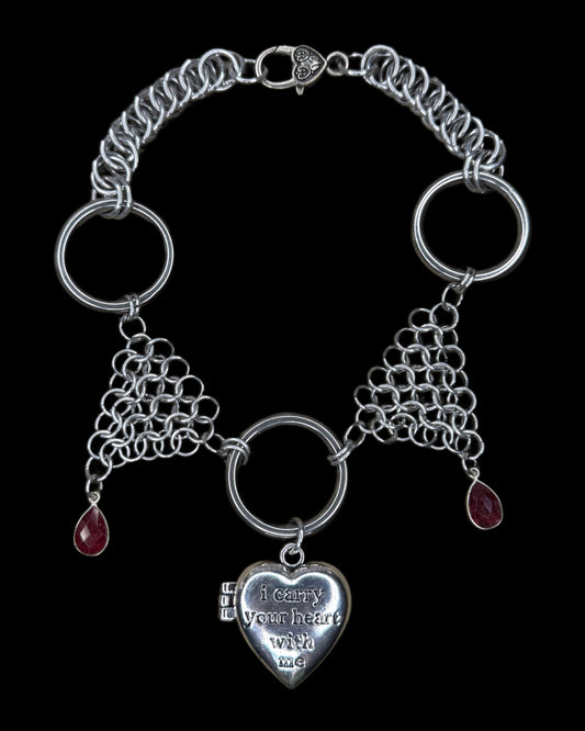 OOAK ‘I carry your heart with me” Locket Chainmail Necklace Ruby