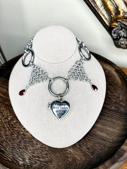 OOAK ‘I carry your heart with me” Locket Chainmail Necklace Ruby