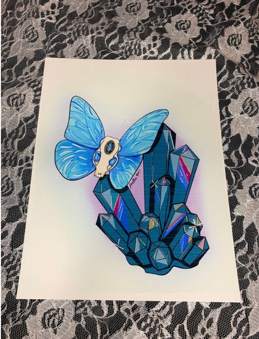 blue morpho butterfly and crystals art print